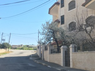 The settlement walls in the background, with a beautiful (and empty) Palestinian home in the foreground.